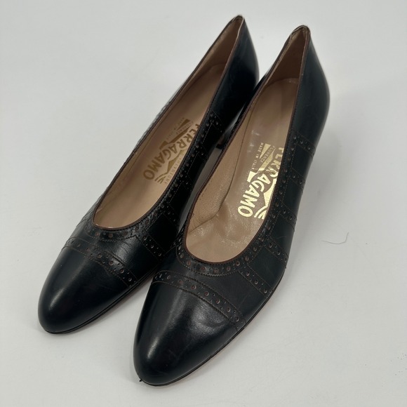Salvatore Ferragamo Shoes - Salvatore Ferragamo Black Leather Wingtip Block Heel Pumps Shoe Womens 7 1/2 AAA